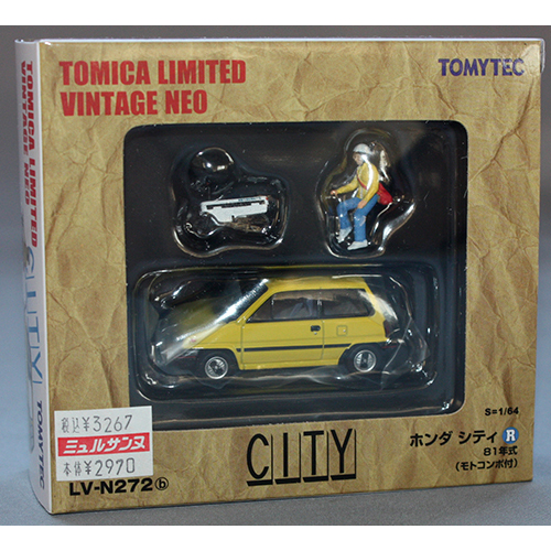 トミーテック 1/64 TLV-N272b ホンダ シティR (黄) モトコンポ付 81年式